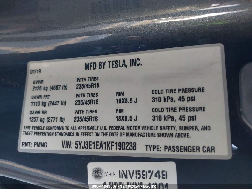 2019 Tesla Model 3 Long Range/Mid Range/Standard Range/Standard Range Plus VIN: 5YJ3E1EA1KF190238 Lot: 41049807