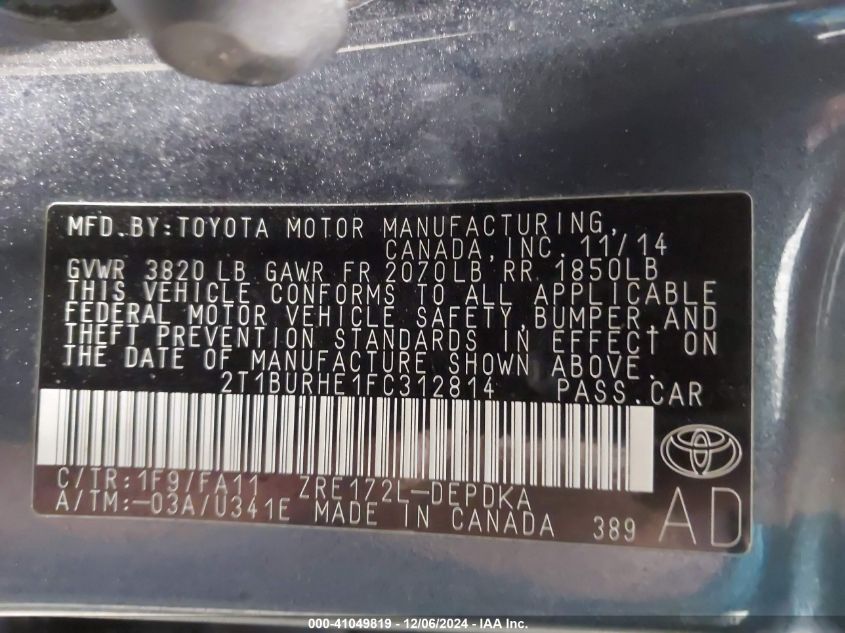 VIN 2T1BURHE1FC312814 2015 Toyota Corolla, L no.9