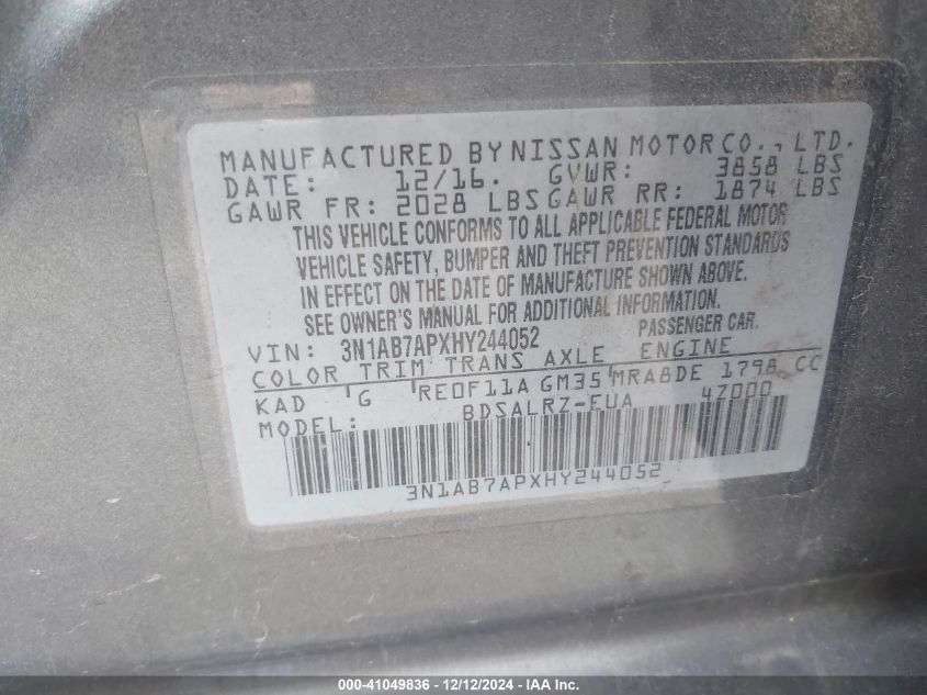 VIN 3N1AB7APXHY244052 2017 Nissan Sentra, SR no.9