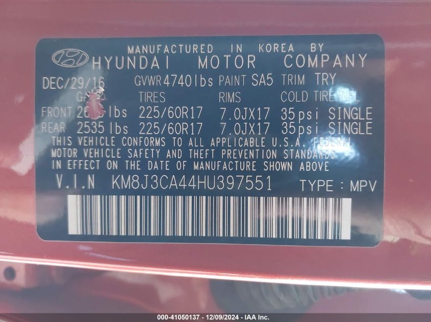 VIN KM8J3CA44HU397551 2017 HYUNDAI TUCSON no.9