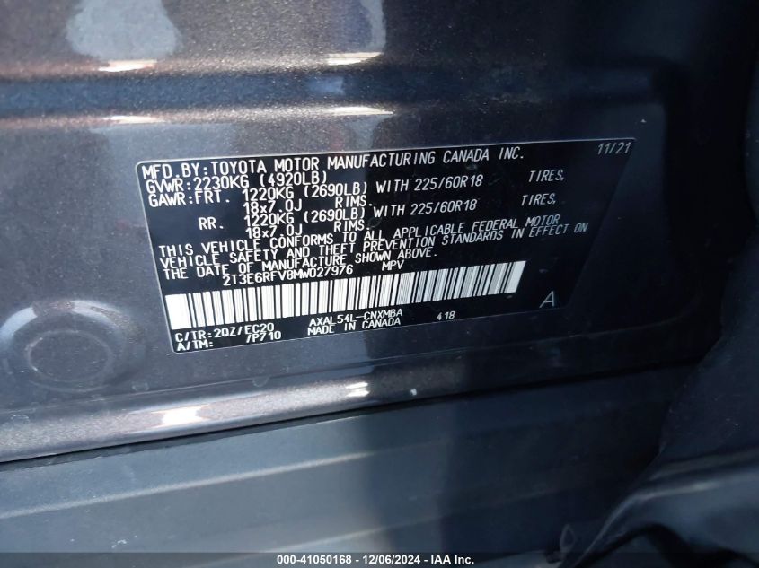 VIN 2T3E6RFV8MW027976 2021 Toyota RAV4, Hybrid Xse no.9