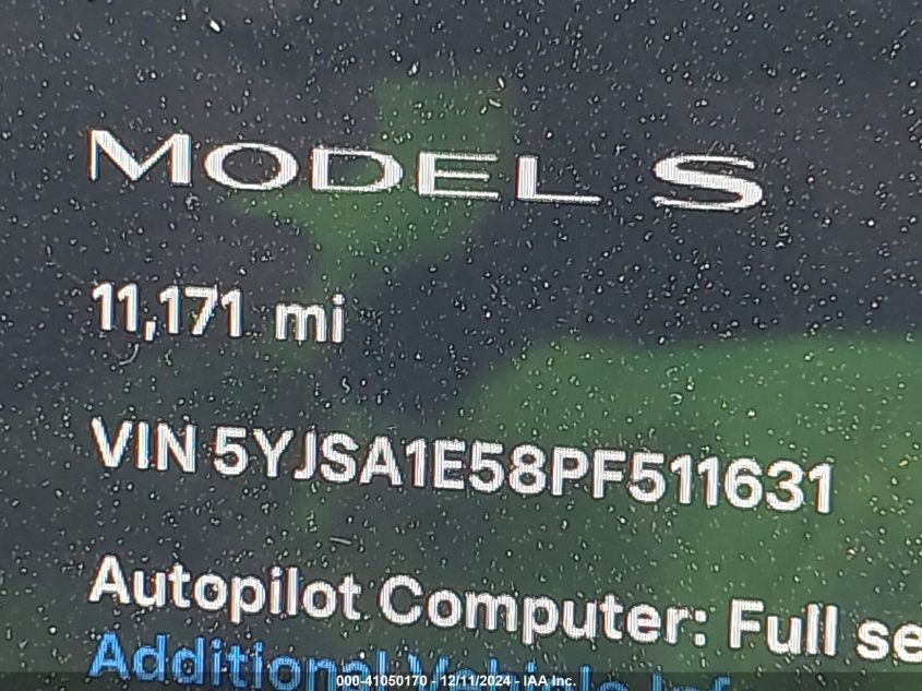 2023 Tesla Model S Dual Motor All-Wheel Drive/Standard Range VIN: 5YJSA1E58PF511631 Lot: 41050170