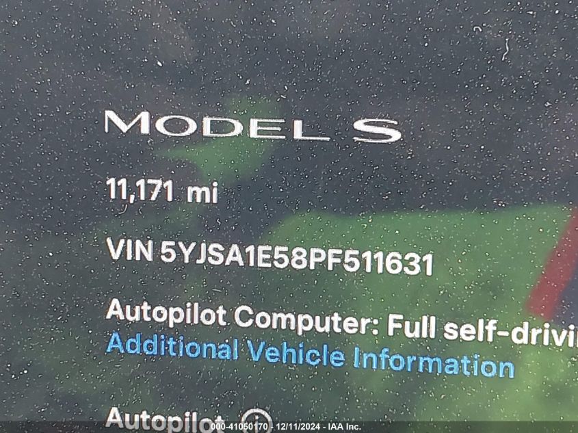 2023 Tesla Model S Dual Motor All-Wheel Drive/Standard Range VIN: 5YJSA1E58PF511631 Lot: 41050170