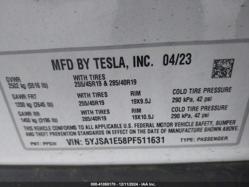 2023 Tesla Model S Dual Motor All-Wheel Drive/Standard Range VIN: 5YJSA1E58PF511631 Lot: 41050170