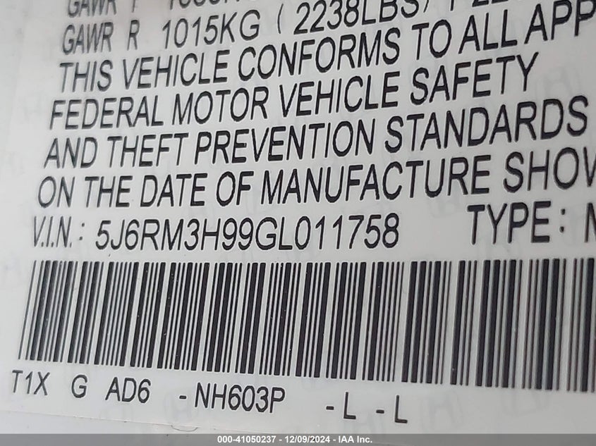 2016 HONDA CR-V TOURING - 5J6RM3H99GL011758