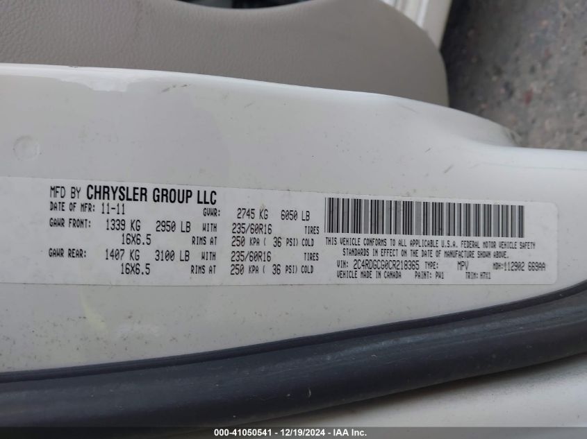 2012 Dodge Grand Caravan Sxt VIN: 2C4RDGCG0CR218365 Lot: 41050541