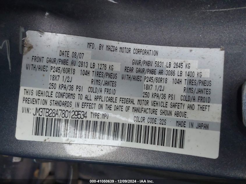 2008 Mazda Cx-9 Touring VIN: JM3TB28A780129534 Lot: 41050639