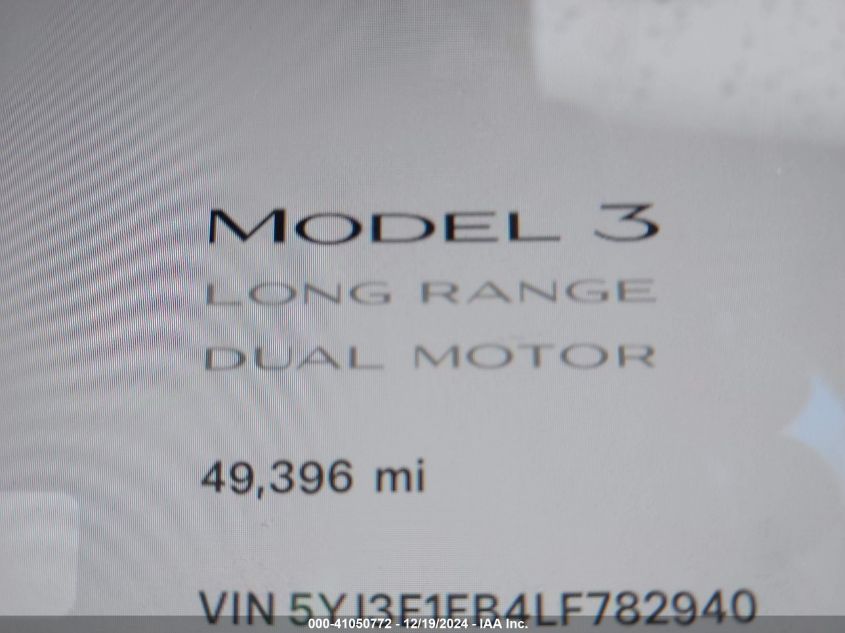 2020 Tesla Model 3 Long Range Dual Motor All-Wheel Drive VIN: 5YJ3E1EB4LF782940 Lot: 41050772