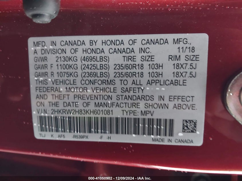 2019 HONDA CR-V VIN: 2HKRW2H83KH601081