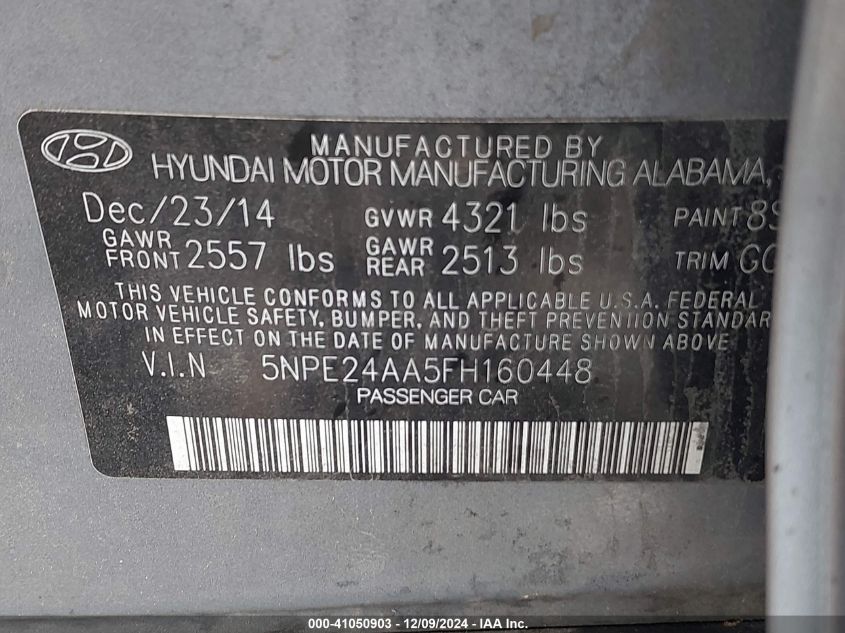 VIN 5NPE24AA5FH160448 2015 Hyundai Sonata, Eco no.9