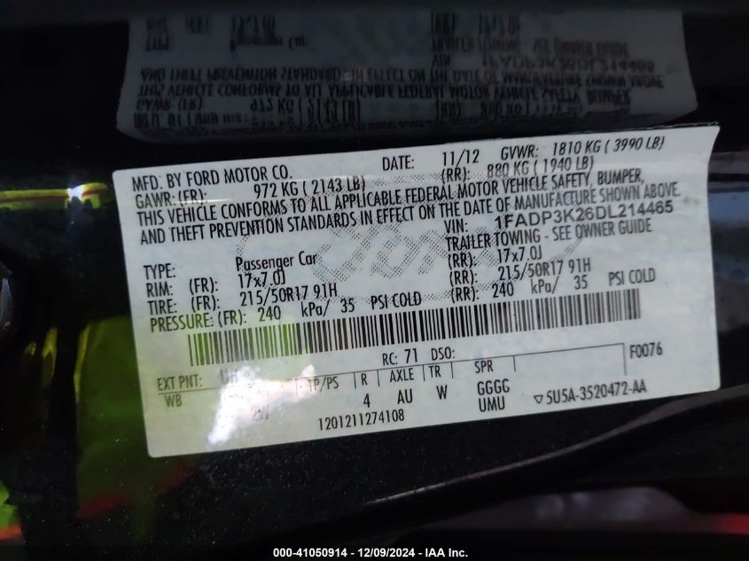 VIN 1FADP3K26DL214465 2013 Ford Focus, SE no.9