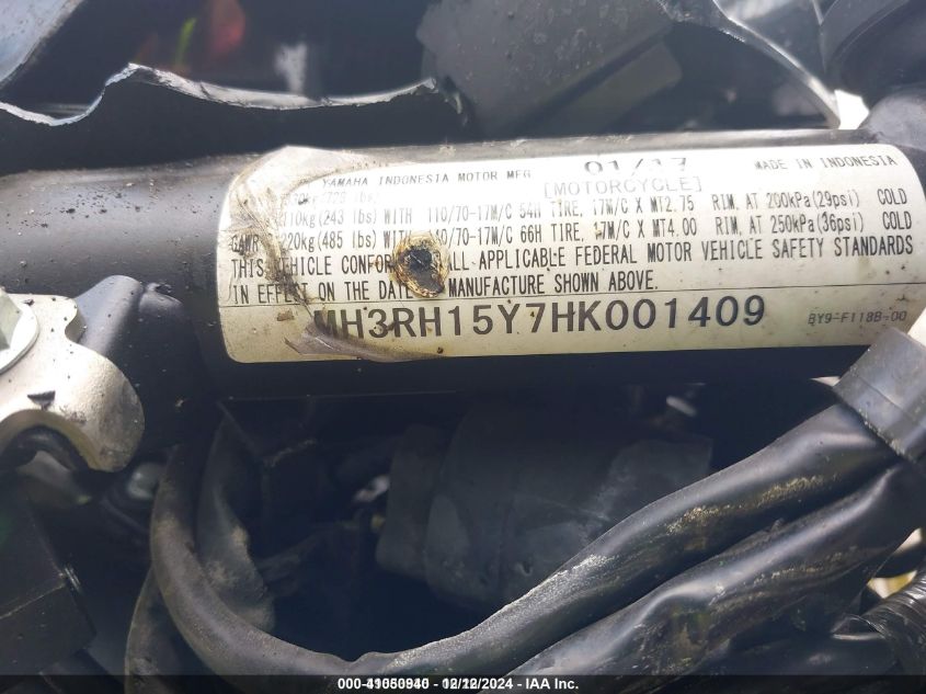 2017 Yamaha Yzfr3 A VIN: MH3RH15Y7HK001409 Lot: 41050940