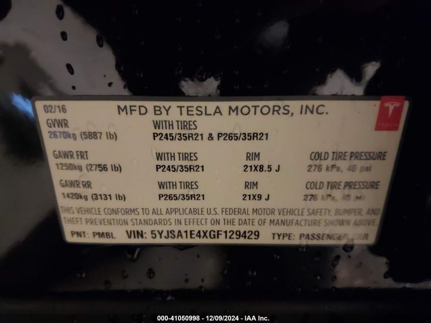 2016 Tesla Model S 90D/P100D/P85D/P90D VIN: 5YJSA1E4XGF129429 Lot: 41050998