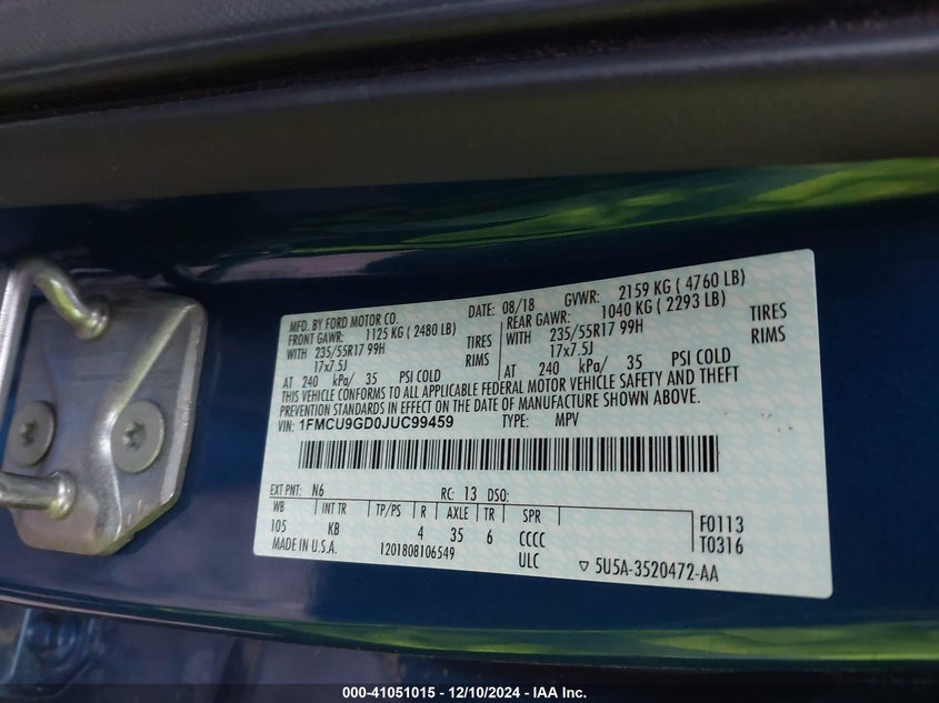 VIN 1FMCU9GD0JUC99459 2018 FORD ESCAPE SE