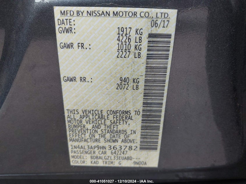 2017 NISSAN ALTIMA VIN: 1N4AL3AP9HN363782