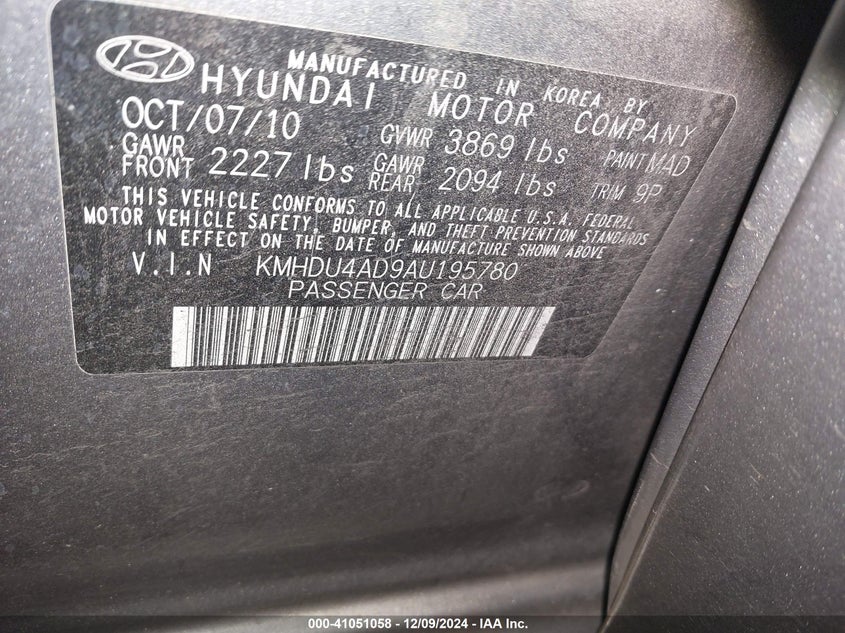 2010 HYUNDAI ELANTRA VIN: KMHDU4AD9AU195780