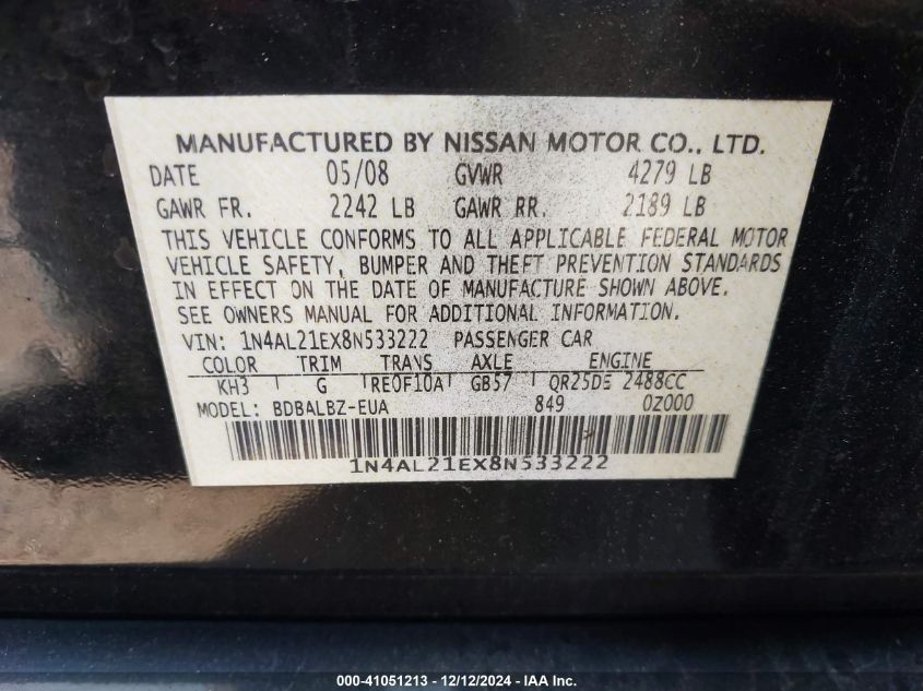 2008 Nissan Altima 2.5 S VIN: 1N4AL21EX8N533222 Lot: 41051213