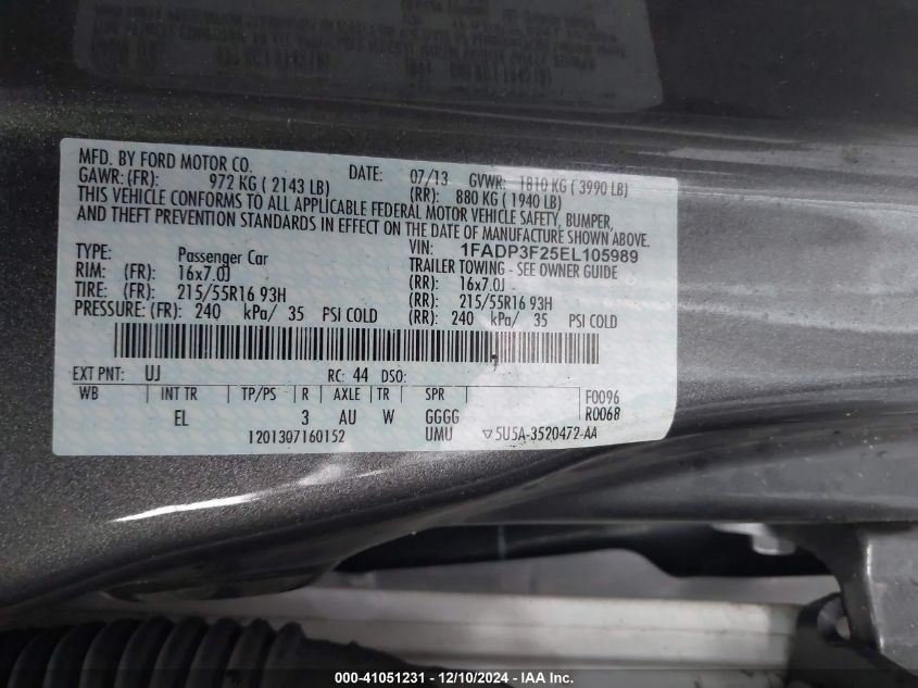 VIN 1FADP3F25EL105989 2014 Ford Focus, SE no.9