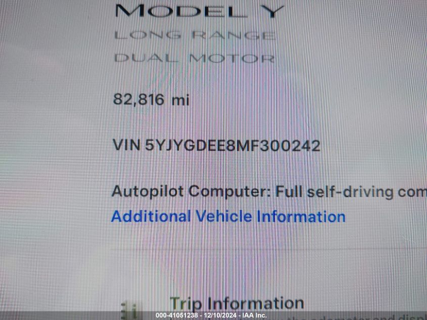 2021 Tesla Model Y Long Range Dual Motor All-Wheel Drive VIN: 5YJYGDEE8MF300242 Lot: 41051238