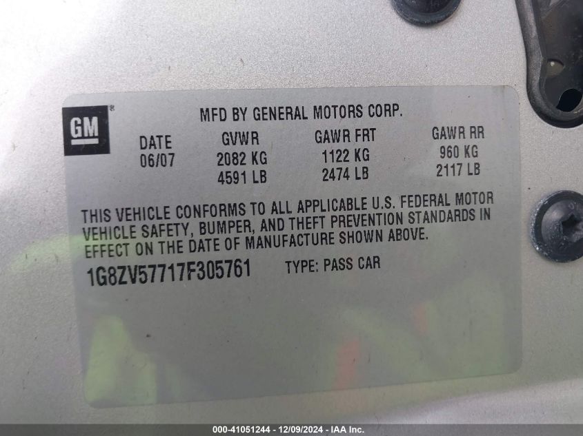 2007 SATURN AURA VIN: 1G8ZV57717F305761