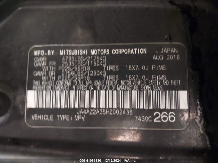 2017 Mitsubishi Outlander Es VIN: JA4AZ2A35HZ002438 Lot: 41051330