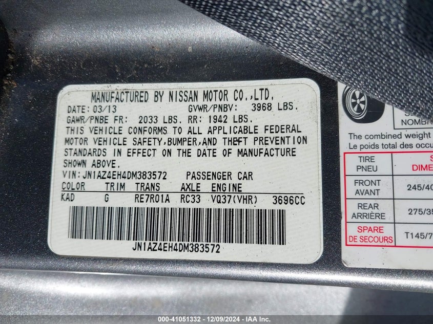 2013 NISSAN 370Z VIN: JN1AZ4EH4DM383572