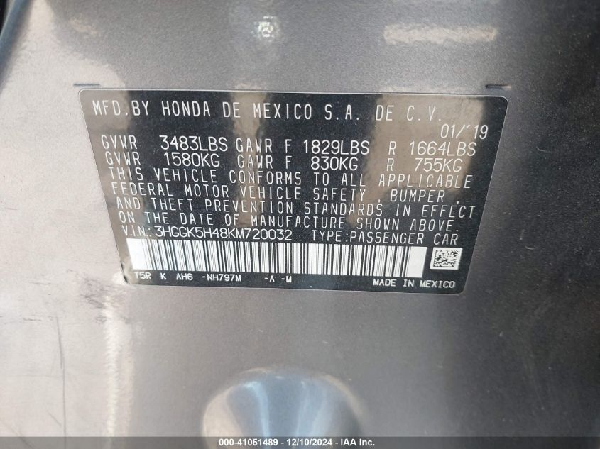 2019 Honda Fit Lx VIN: 3HGGK5H48KM720032 Lot: 41051489