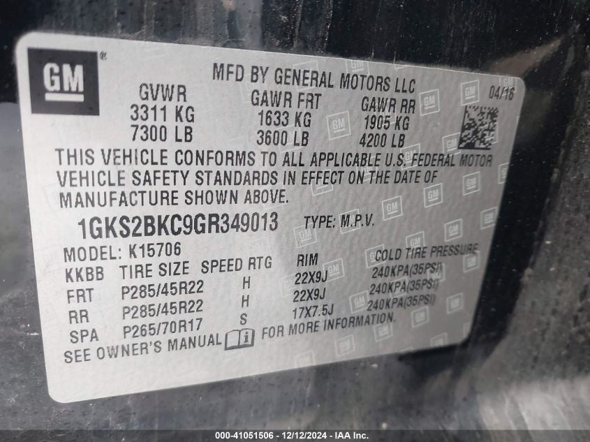 VIN 1GKS2BKC9GR349013 2016 GMC Yukon, Slt no.9