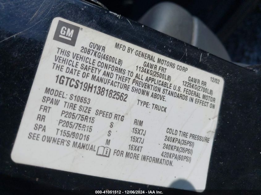 2003 GMC Sonoma Sls VIN: 1GTCS19H138182562 Lot: 41051512