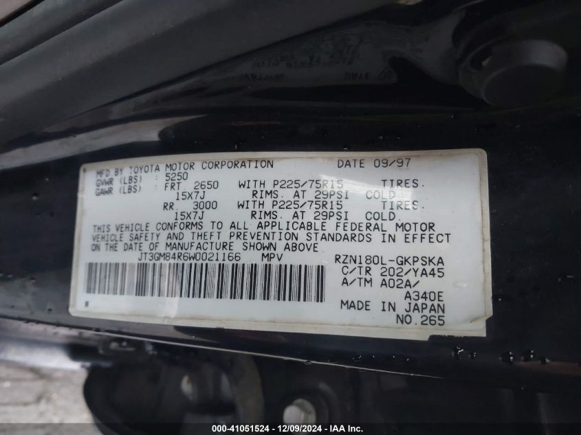 1998 Toyota 4Runner VIN: JP3GM84R6W0021166 Lot: 41051524