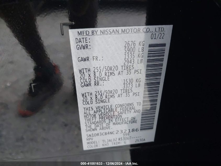 2022 Nissan Pathfinder Sl 2Wd VIN: 5N1DR3CB4NC232186 Lot: 41051633