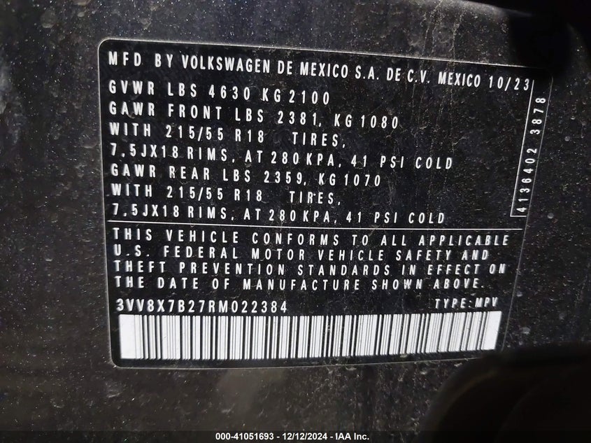 2024 VOLKSWAGEN TAOS 1.5T S - 3VV8X7B27RM022384