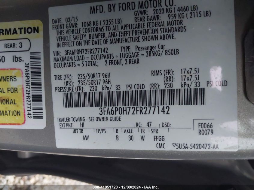 VIN 3FA6P0H72FR277142 2015 Ford Fusion, SE no.9