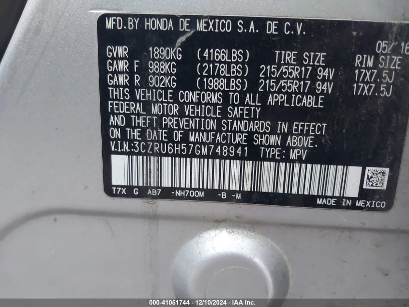 VIN 3CZRU6H57GM748941 2016 HONDA HR-V no.9