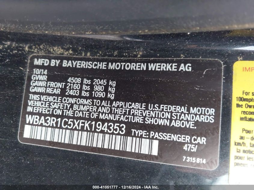 VIN WBA3R1C5XFK194353 2015 BMW 435I no.9