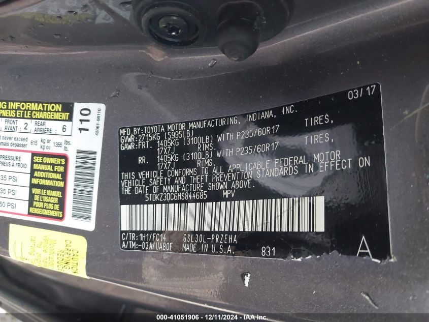 VIN 5TDKZ3DC6HS844685 2017 Toyota Sienna, Le 8 Pass... no.9