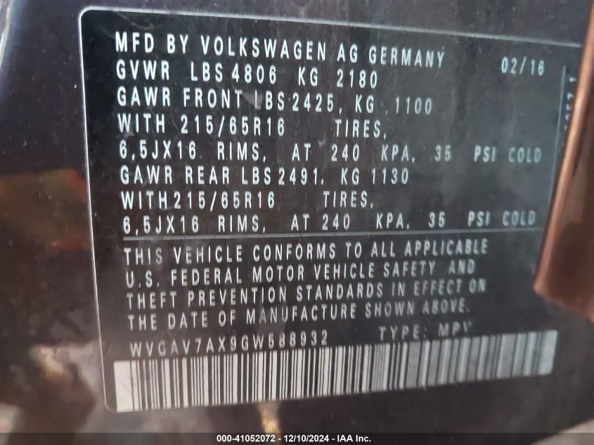 VIN WVGAV7AX9GW588932 2016 Volkswagen Tiguan, S no.9