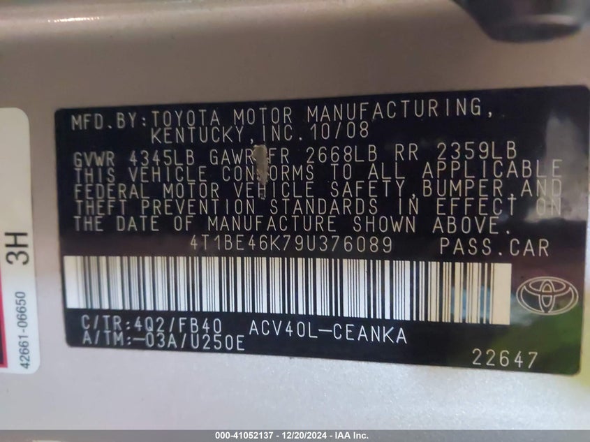 2009 TOYOTA CAMRY VIN: 4T1BE46K79U376089