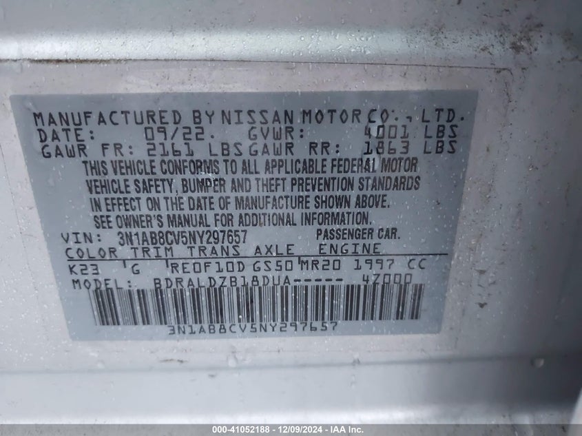 2022 NISSAN SENTRA VIN: 3N1AB8CV5NY297657