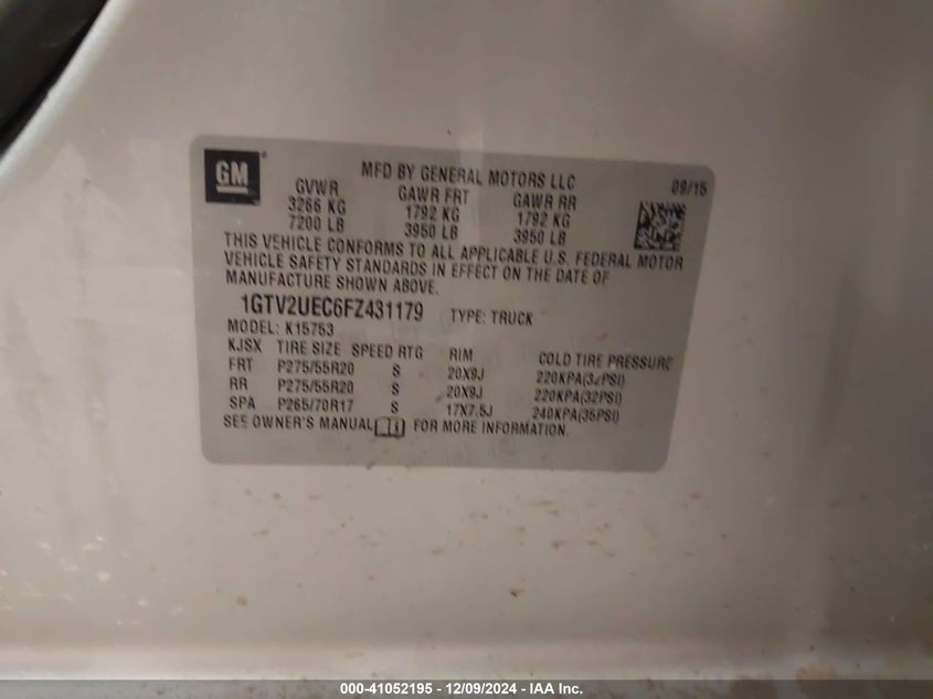 2015 GMC SIERRA VIN: 1GTV2UEC6FZ431179