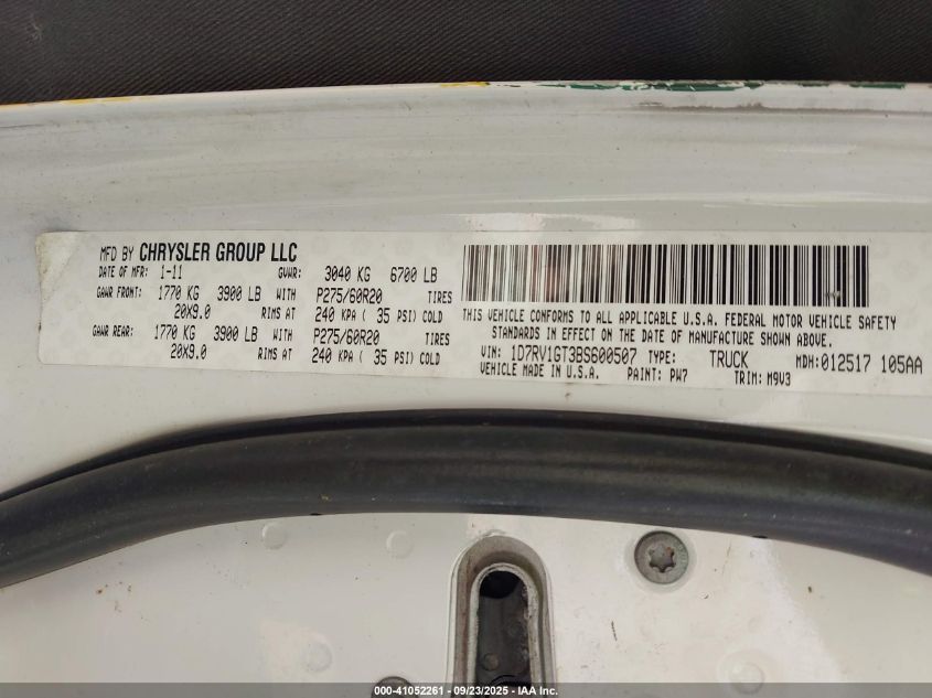 2011 Ram Ram 1500 Slt VIN: 1D7RV1GT3BS600507 Lot: 41052261
