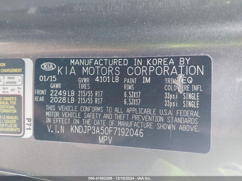 VIN KNDJP3A50F7192046 2015 KIA Soul, + no.9