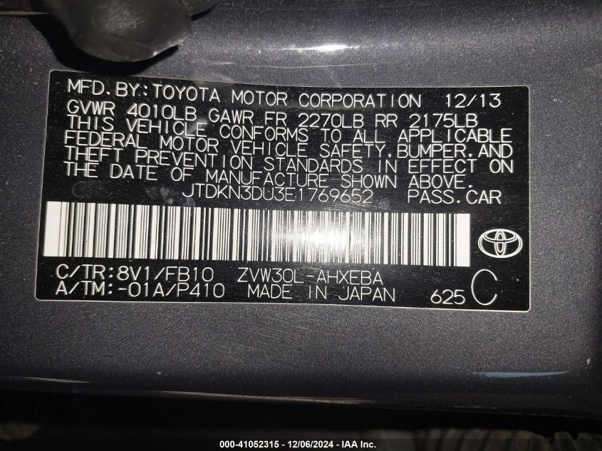 VIN JTDKN3DU3E1769652 2014 Toyota Prius, Two no.9