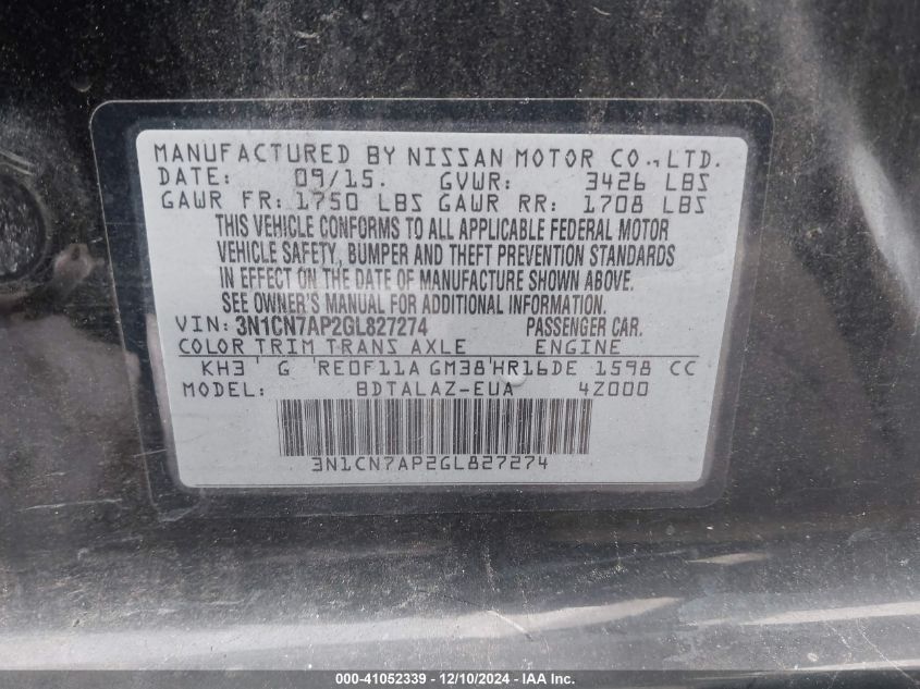 VIN 3N1CN7AP2GL827274 2016 Nissan Versa, 1.6 S+ no.9