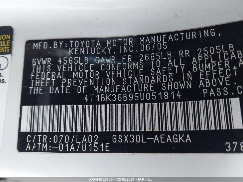 2005 Toyota Avalon Limited/Touring/Xl/Xls VIN: 4T1BK36B051111111 Lot: 41052486