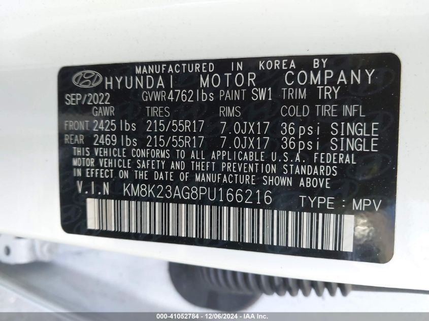 2023 Hyundai Kona Electric Se VIN: KM8K23AG8PU166216 Lot: 41052784