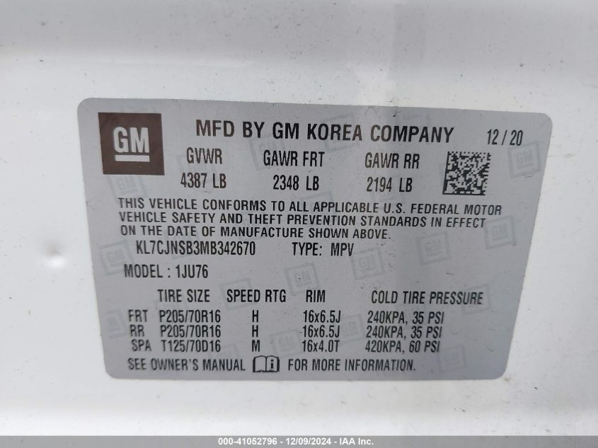 VIN KL7CJNSB3MB342670 2021 CHEVROLET TRAX no.9