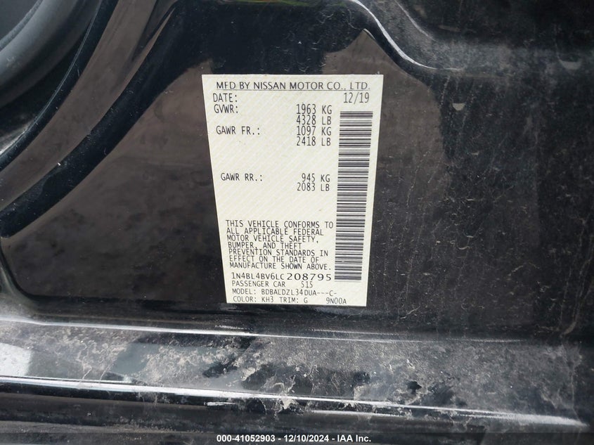 2020 NISSAN ALTIMA VIN: 1N4BL4BV6LC208795