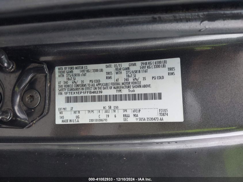 2015 Ford F-150 Xlt VIN: 1FTEX1EP1FFB48239 Lot: 41052933