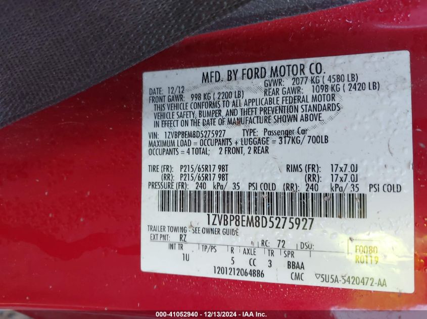 VIN 1ZVBP8EM8D5275927 2013 FORD MUSTANG no.9